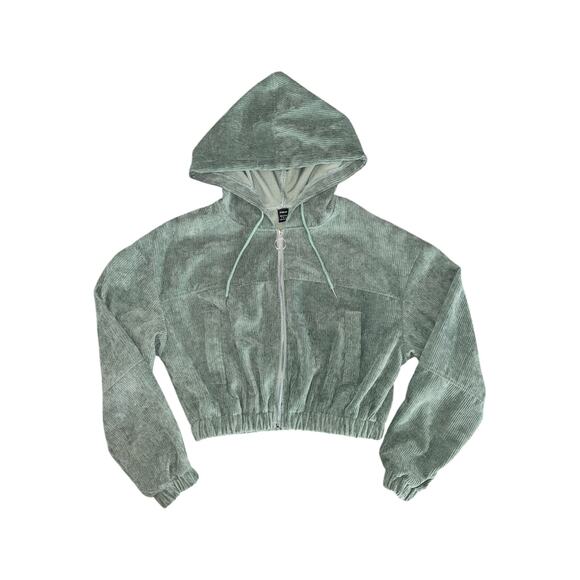 Shein Sage Green Cropped Corduroy Hoodie Jacket Zip Up Women’s Size Small - Picture 3 of 8
